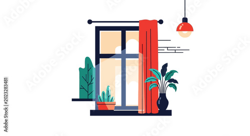 Tableau sur toile Cozy Room Window with Plants and Red Curtain