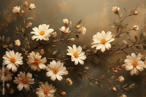 Branch of white daisies in vintage oil painting style, classical botanical art with warm background

