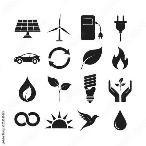 Cuadro en lienzo 12 Sustainability & Green Energy Icons — Solar, Wind, EV, Recycling, Leaf, Flam