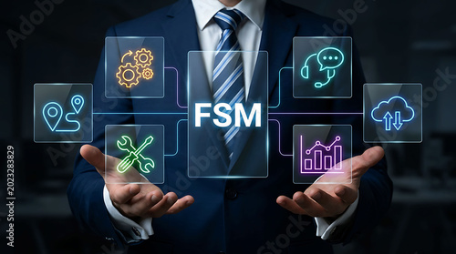 Field service management concept with FSM acronym and digital icons
