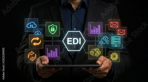Businessman holding tablet with EDI electronic data interchange icon concept
