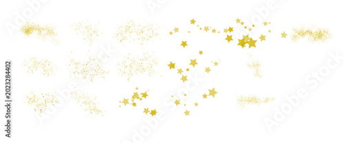 Bilde på lerret A dynamic array of golden stars and shimmering particles scattered across a white background, perfect for festive and celebratory designs
