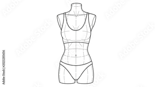 Photos Detailed 2D CAD drawing of a female mannequin wearing workout clothes