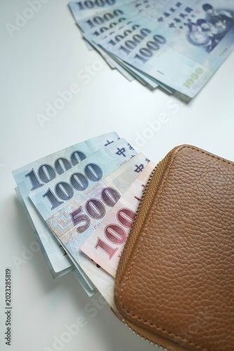  Taiwanese Currency and Wallet on White Background