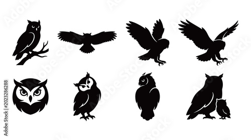 Owl silhouette vector asset set with poses including perched flying with outspread wings hunting claws and wise owl face icons graphic