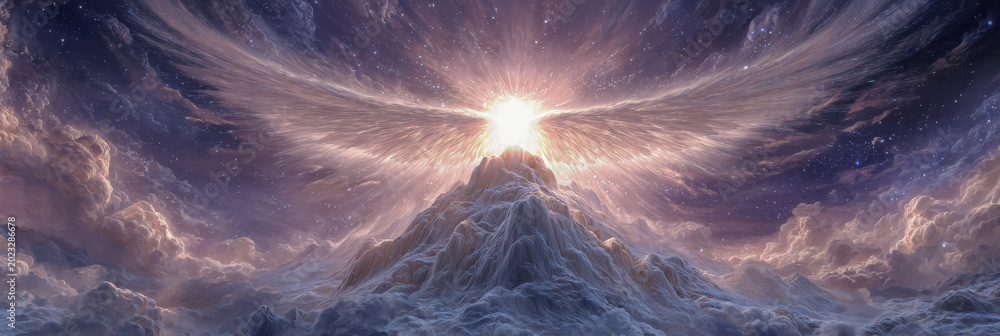 Obraz premium Colorful painted angel with vibrant wings, set against a mystical, swirling cosmic backdrop, symbolizing transformation and divine power.