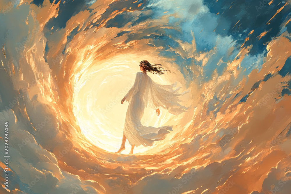 Obraz premium Colorful painted angel with vibrant wings, set against a mystical, swirling cosmic backdrop, symbolizing transformation and divine power.