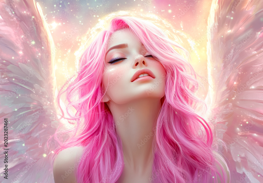Obraz premium Colorful painted angel with vibrant wings, set against a mystical, swirling cosmic backdrop, symbolizing transformation and divine power.
