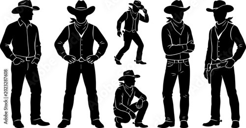 Foto Silhouette collection of cowboys in classic western poses including standing, ti