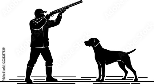 Foto Silhouette of hunter with shotgun standing beside attentive dog companion repres