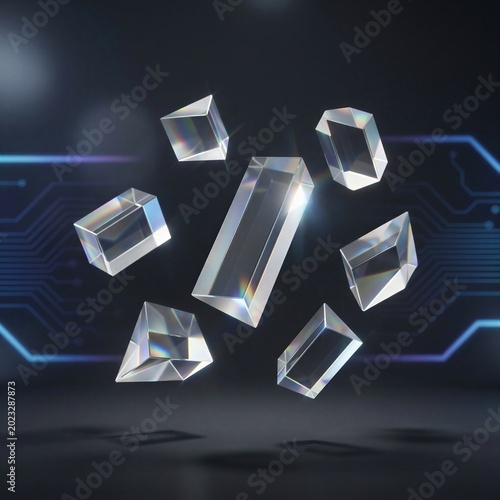 3D transparent geometric prism shapes with blue neon light effects