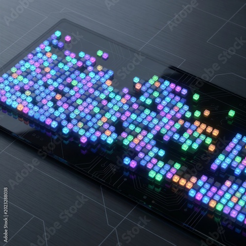 Futuristic digital pixel light grid on dark background