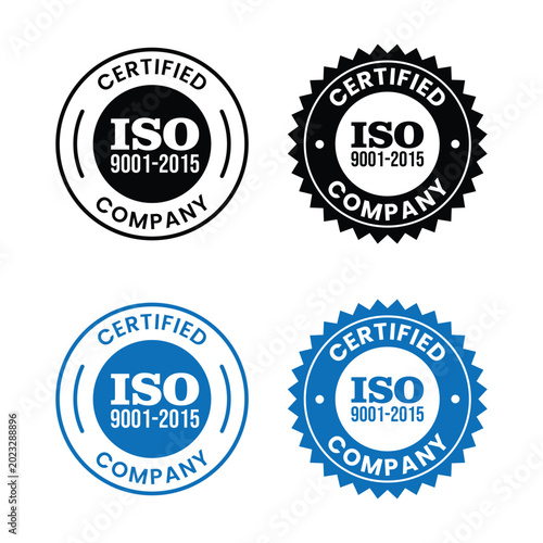 Foto iso 9001 2015 certified company seals vector illustration in blue and black