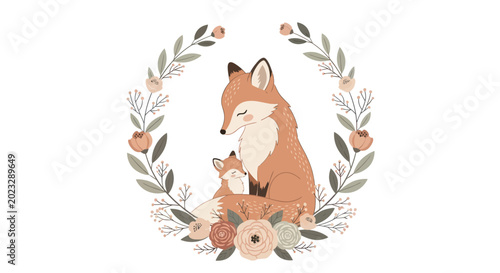 Foto Cute mother fox and baby cub inside a floral wreath frame illustration