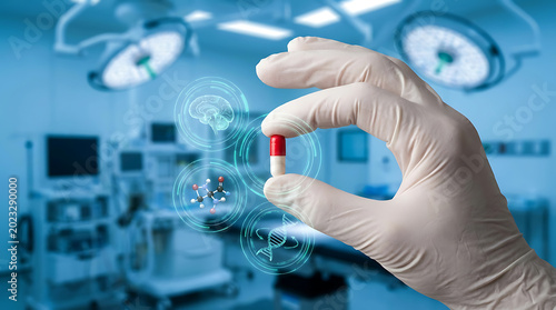 Gloved hand holding a medical capsule pill with digital holographic icons of a brain, DNA and molecule in a modern hospital operating room.