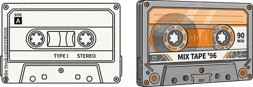 Vintage cassette tape illustration set featuring retro audio cassettes, mix tape design, analog music concept and nostalgic recording technology elements