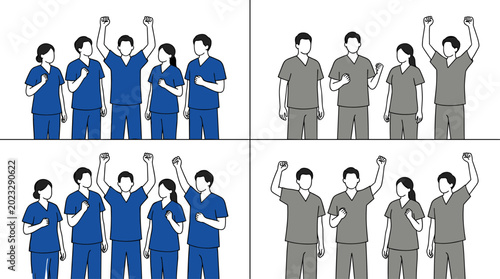 Medical team illustration collection featuring healthcare workers in scrubs celebrating teamwork and success isolated for hospital and clinic designs