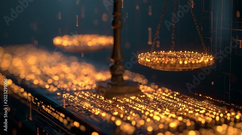 A close-up of digital scales of justice illuminated by warm orange light, highlighting the intricate data patterns within.
