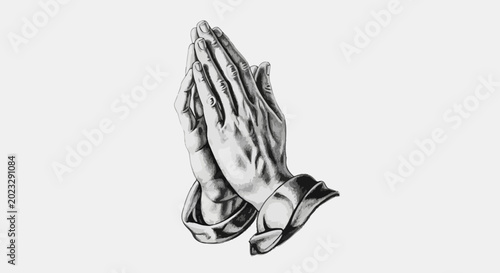 Hands praying illustration isolated against light background with copy space