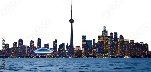 Toronto city skyline with CN Tower and waterfront at night in illuminated urban landscape for travel and architecture concepts