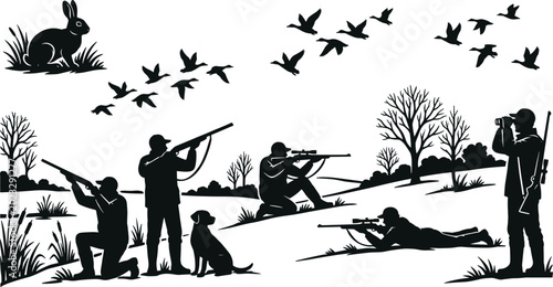 Valokuva Silhouette hunting scene with multiple hunters aiming rifles, dog companion, fly