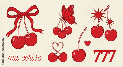 Konstfotografi Vintage cherry vector set with red bow and butterfly, retro coquette aesthetic c