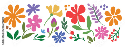 Canvastavla Flat vector illustration of a vibrant floral collection featuring a colorful assortment of stylized spring and summer botanical elements isolated on a white background