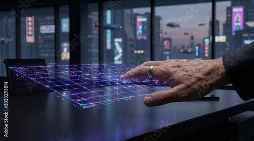 Senior Executive Using Holographic Interface In Futuristic Office