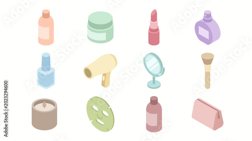 Isometric Beauty Icons Set: Makeup, Skincare, Haircare, and Fragrance - 3D Vector