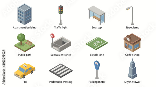 Isometric City Icons Set: Apartment, Traffic Light, Bus Stop, Street Lamp, Park, Subway, Bicycle Lane