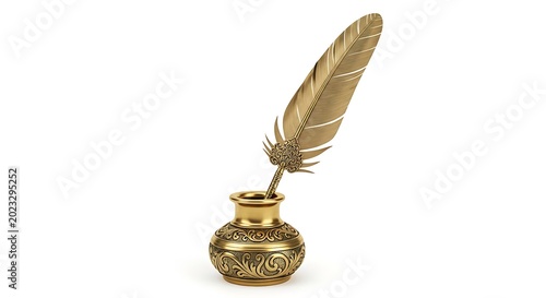 Elegant golden quill and inkpot