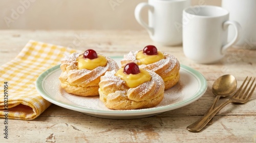 Traditional Zeppole di San Giuseppe pastries with custard and cherries, Italian cream puffs on a plate, rustic bakery dessert still life