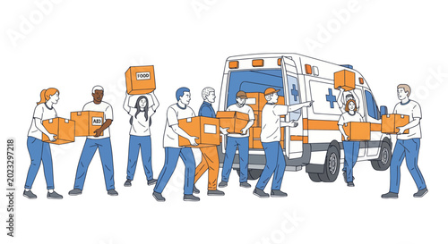 Photos Dedicated volunteers load food and aid boxes into a relief vehicle
