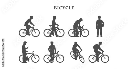 Canvastavla Black Silhouette Bicycle Vector Set People Riding Bikes Cyclists and Architectur