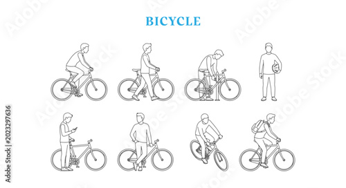 Bild auf Leinwand Elevation Bicycle Vector Set People Riding Bikes Cyclists Locking Up Smartphone