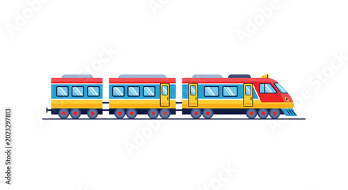 Modern passenger train traveling along a horizontal railway track depicted in a stylized flat vector design with vibrant primary colors and minimalist aesthetic.