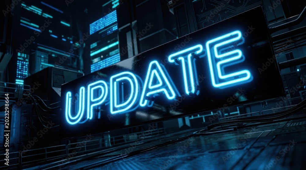 Obraz premium Futuristic neon update sign in a dark high tech server room environment representing software installation and system maintenance.