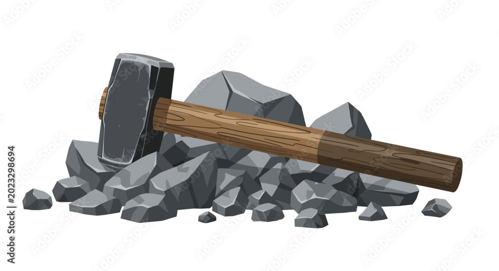 Naklejka premium A large weathered iron sledgehammer rests horizontally atop a distinct pile of smooth, light-grey river stones and pebbles against a plain white background.
