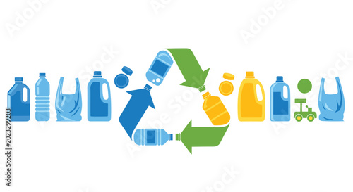 A large central recycling symbol is positioned horizontally between a row of assorted colorful plastic bottles and bags against a plain white background.