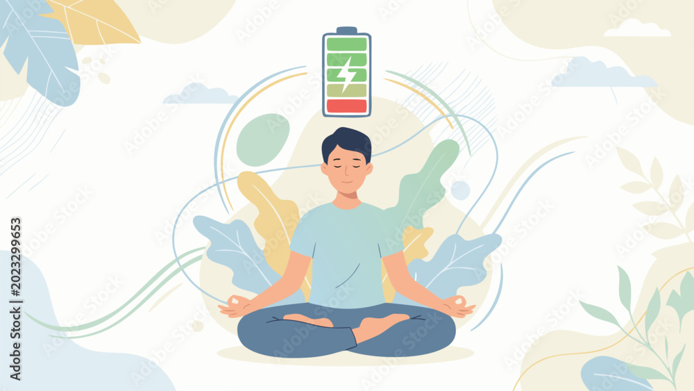 Fototapeta premium Vector Illustration of a Man Meditating in Lotus Pose with a Battery Icon Above His Head Recharging from Low to Full, Burnout Recovery Concept, Mental Health Wellness and Mindfulness Practice