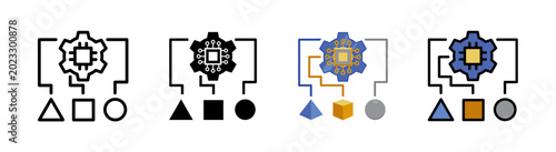 Foto AI process orchestration hybrid icon, workflow diagram with gear and artificial intelligence chip