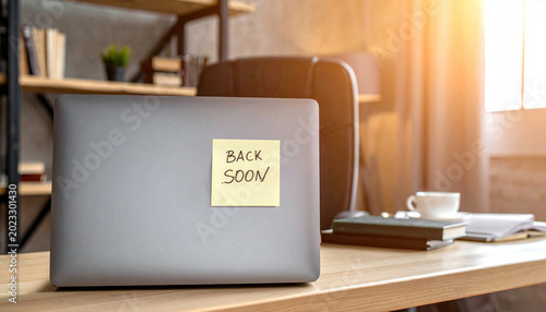 Back soon note placed on laptop on office desk