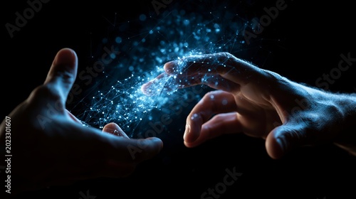 Two hands come together, with a vibrant explosion of blue digital particles and connections sparking between them, signifying a powerful moment of digital unity.