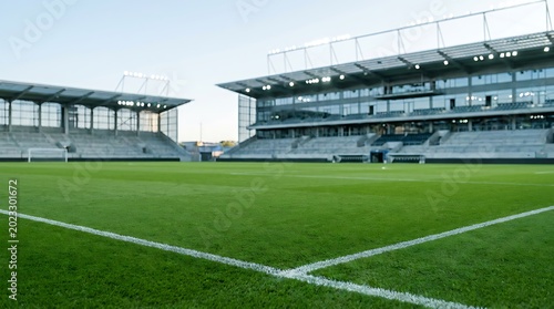 Empty modern football stadium with green grass pitch and bright lights