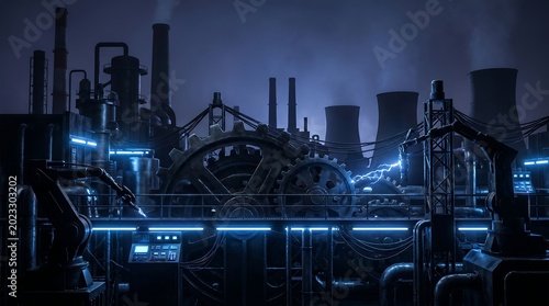 An industrial oil refinery plant operates at night, with illuminated towers, chimneys, and pipelines releasing steam into the sky during the petrochemical fuel production process