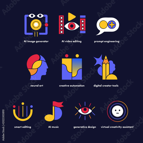 Generative AI Content Creation and Digital Artist Tools Icon Sheet