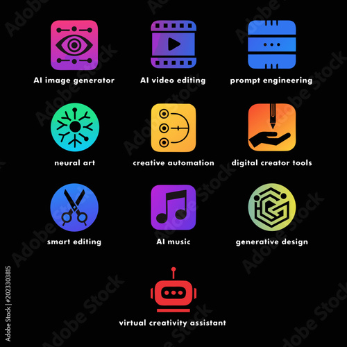 Generative AI Content Creation and Digital Creator App Icons Set