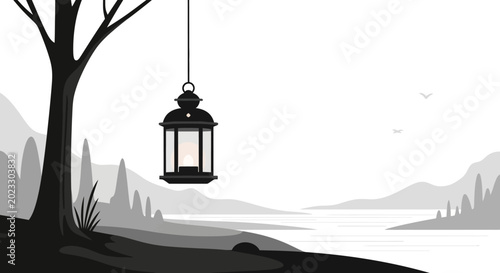 Fotografía Hanging lantern in a serene landscape