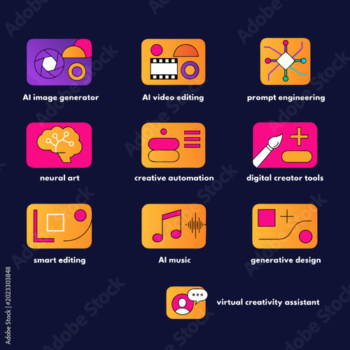 Generative AI Content Creation and Digital Media Tools Icon Sheet
