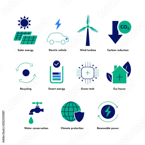 Sustainable Energy and Clean Green Technology Eco Icons Set